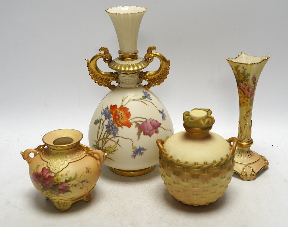 Four Worcester blush ivory floral pots and vases, 1176, 2538, 1728 & 1327, largest 22cm high. Condition - fair to good